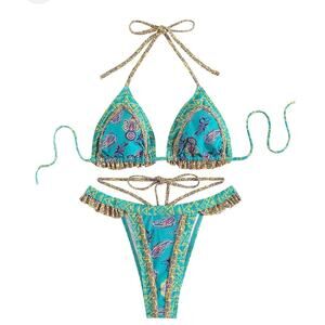 Paisley Print Ruffled Accent Bikini Size M
